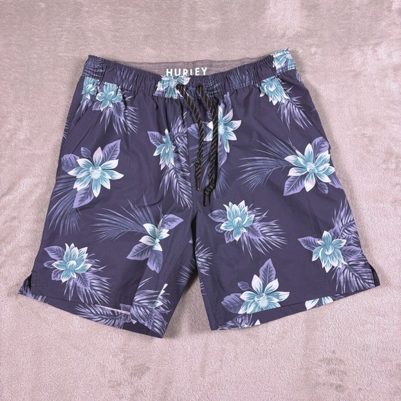 Hurley Mens XL Blue Floral Swim Trunks Compression Liner Board Shorts Resort - Picture 3 of 13